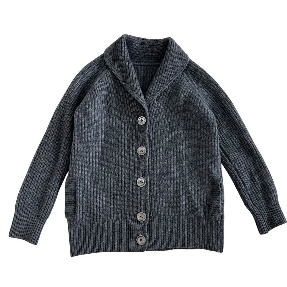 100% Cashmere Ribbed Button Cardigan Charcoal Grey Shawl Collar SZ XS/S Pockets